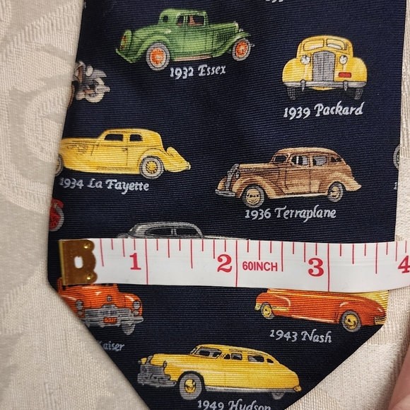 MARK, FORE & STRIKE "Antique Cars" Printed Blue Silk Tie - Picture 4 of 5